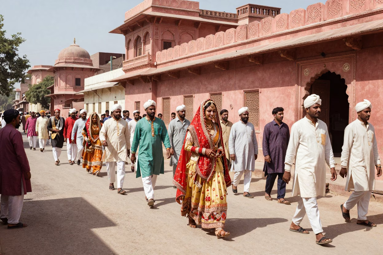 Vintage 1960s Jaipur Street Scene with Traditional Wedding Procession and Gold Jewelry in in Jaipur, India