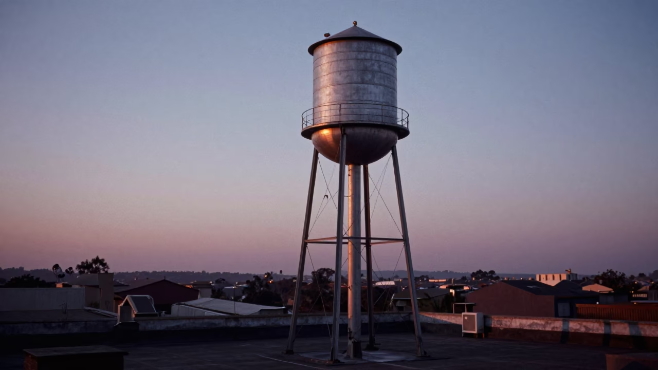 Vintage 1960s Johannesburg Rooftop Water Tower at Dawn with Street Level Activity in in Johannesburg, South Africa