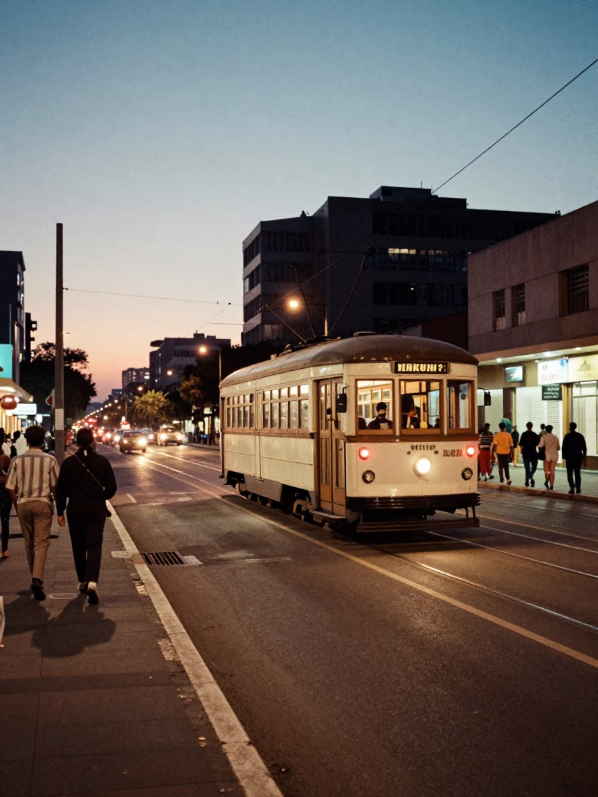 Vintage 1960s Johannesburg street scene at dusk with tramcar and city lights in in Johannesburg, South Africa