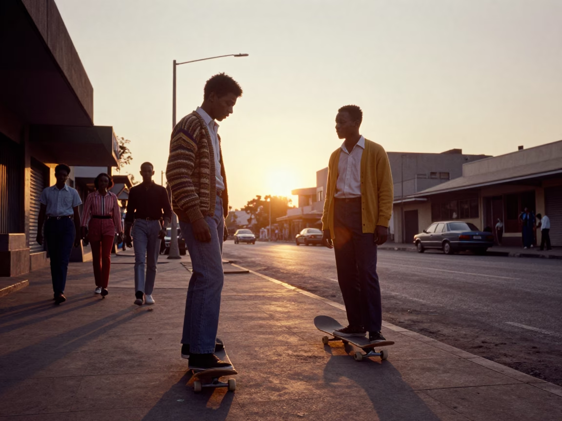 Vintage 1960s Johannesburg Street Scene with Skateboard and Cardigans at Sunset in in Johannesburg, South Africa