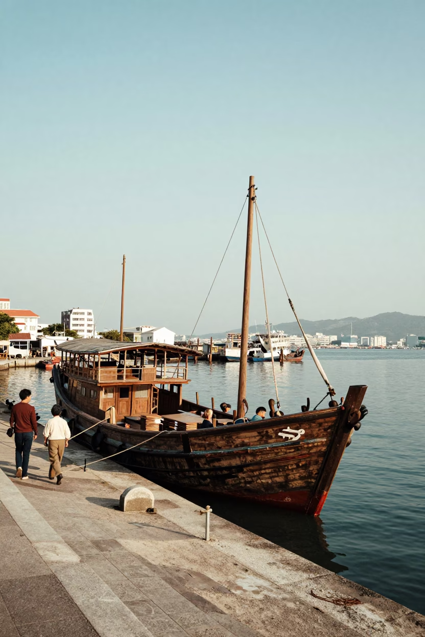 Vintage 1960s Kaohsiung Harbor Street Scene with Chinese Junk Boat and Local Market Activity in in Kaohsiung, Taiwan