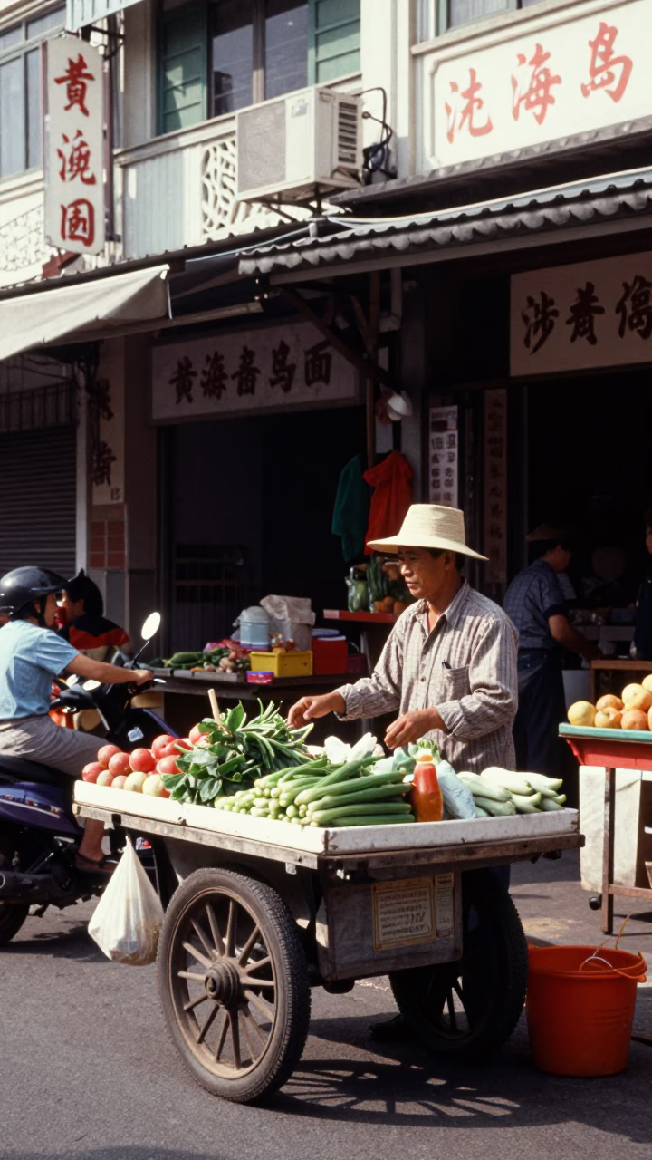 Vintage 1960s Kaohsiung Street Scene with Local Vendor and Pedestrians in in Kaohsiung, Taiwan