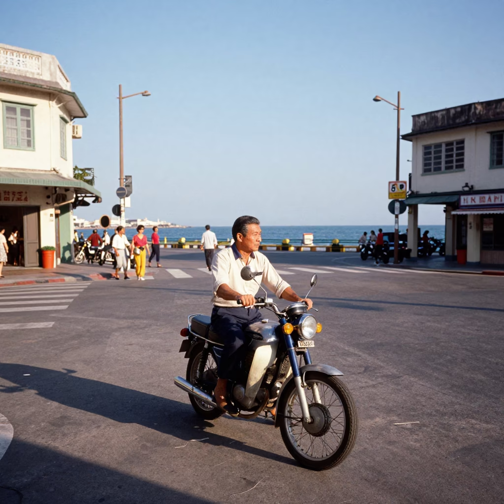Vintage 1960s Kaohsiung Street Scene with Motorcycle and Coastal Harbor Light in in Kaohsiung, Taiwan