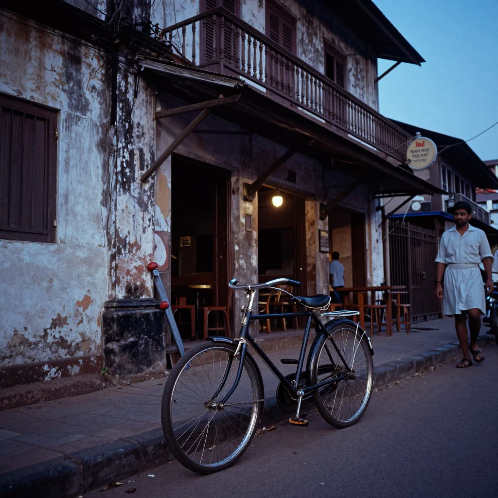 Vintage 1960s Kochi Evening Street Scene with Bicycle and Harbor Tugboat in in Kochi, India