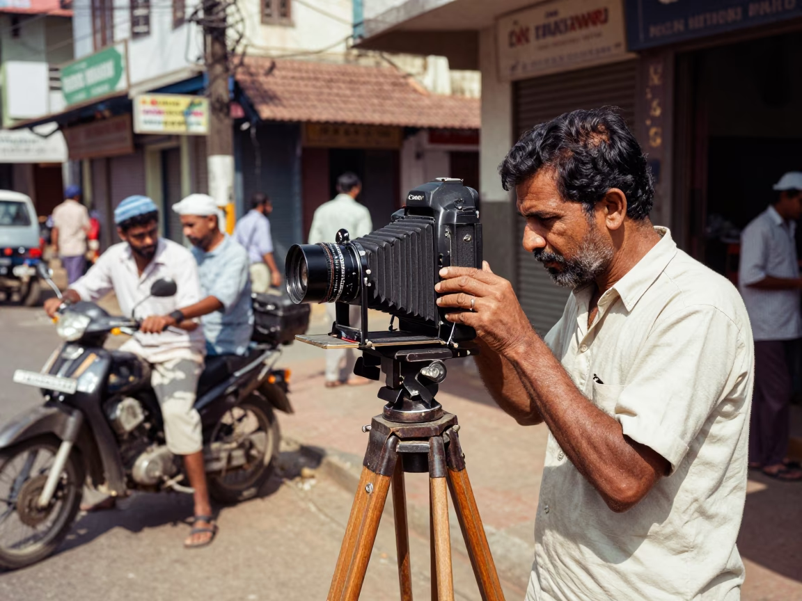 Vintage 1960s Kochi Street Scene with Bellows Camera and Local Vendor in in Kochi, India