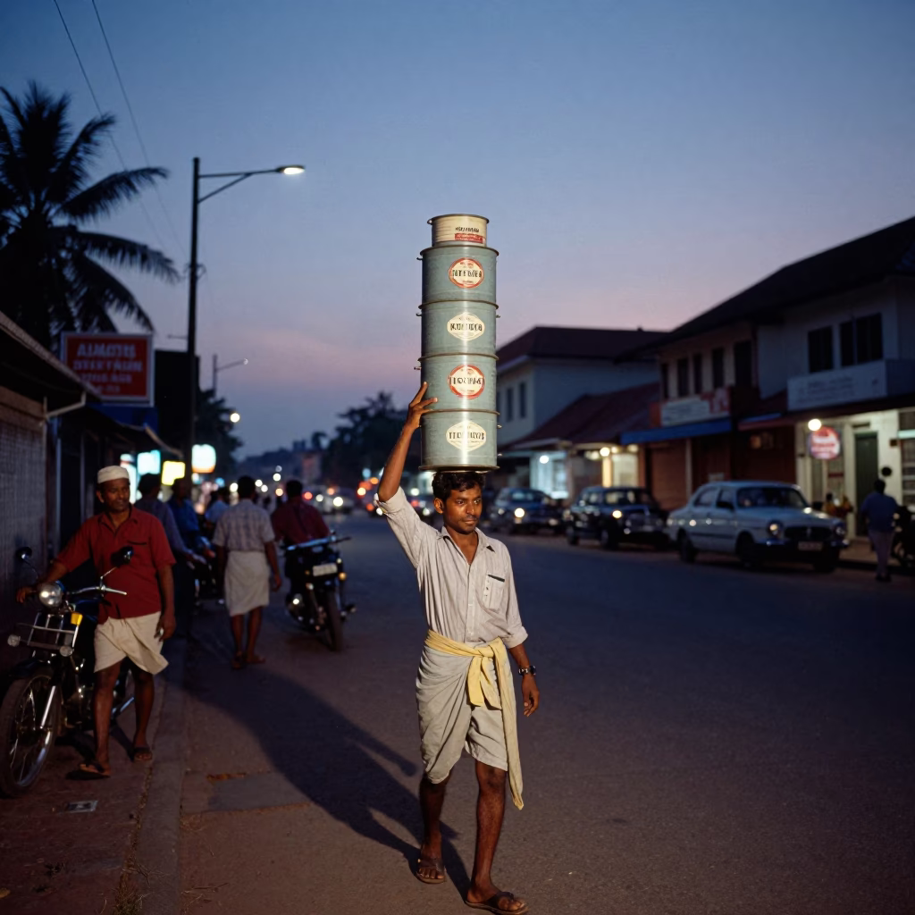 Vintage 1960s Kochi Street Scene with Tiffin Tin at Blue Hour in in Kochi, India