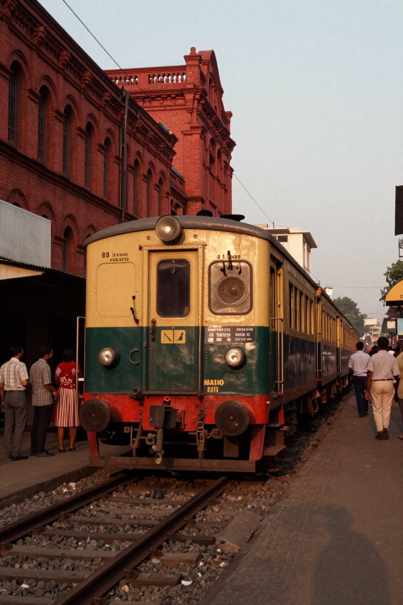 Vintage 1960s Kolkata Street Scene with Narrow Gauge Train and Lanterns in in Kolkata, India