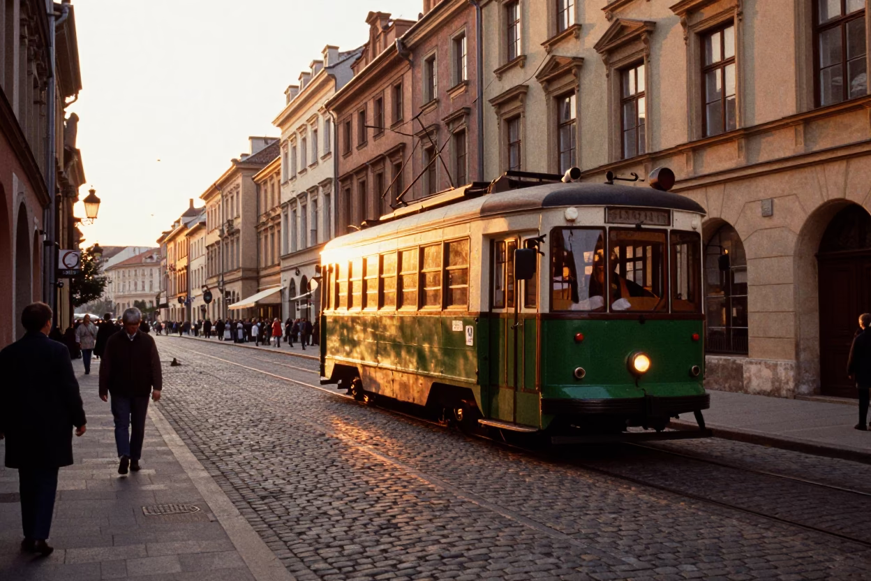Vintage 1960s Krakow Evening Light on Cobblestone Street with Heritage Tram and Pedestrians in in Krakow, Poland