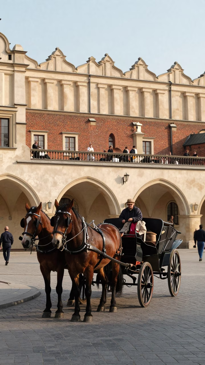 Vintage 1960s Krakow Street Scene with Horse-Drawn Cart on Cobblestones in in Krakow, Poland
