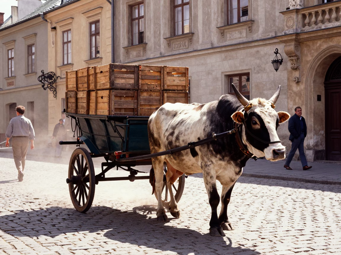 Vintage 1960s Krakow Street Scene with Ox Cart and Local Market Activity in in Krakow, Poland