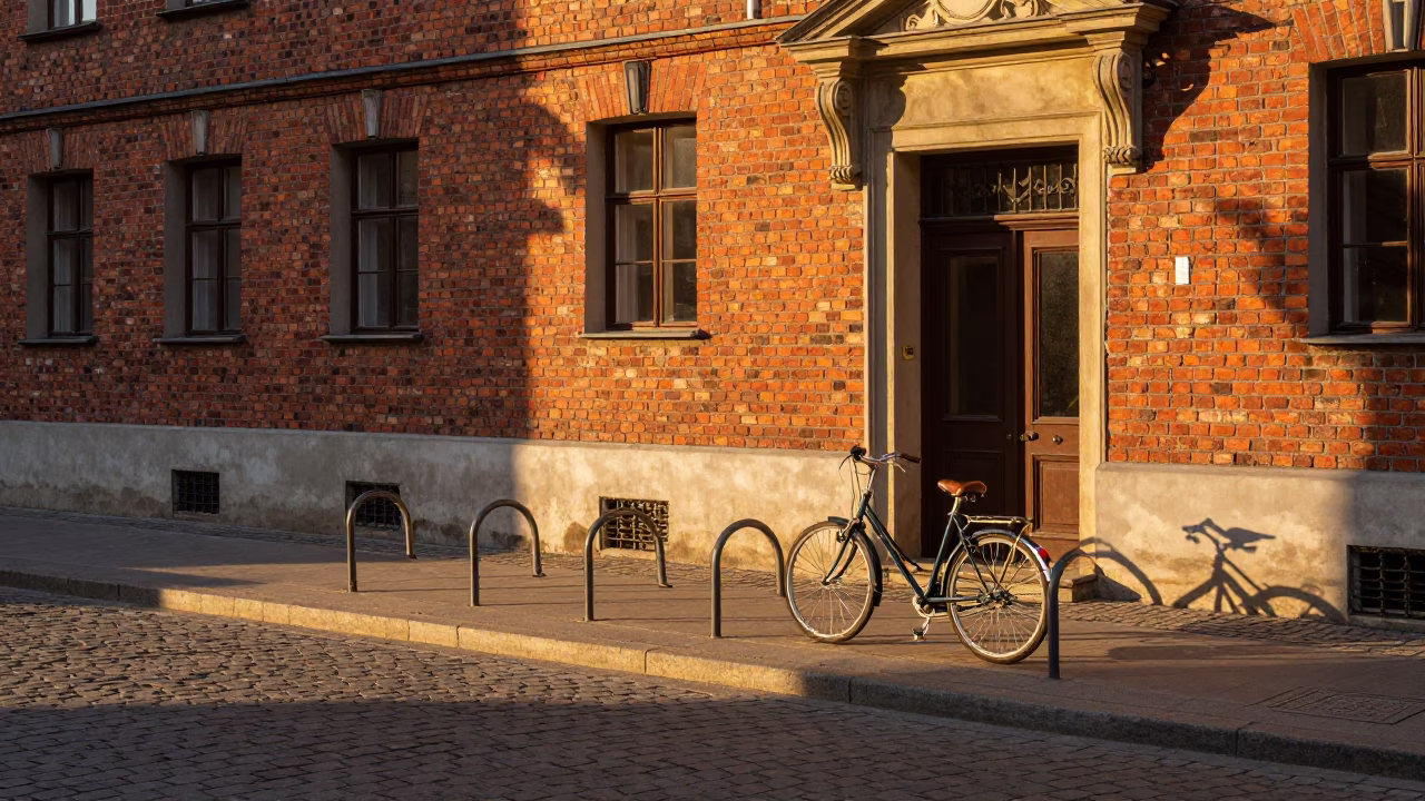 Vintage 1960s Krakow Sunset Street Scene with Bicycle Rack and Local Pedestrians in in Krakow, Poland