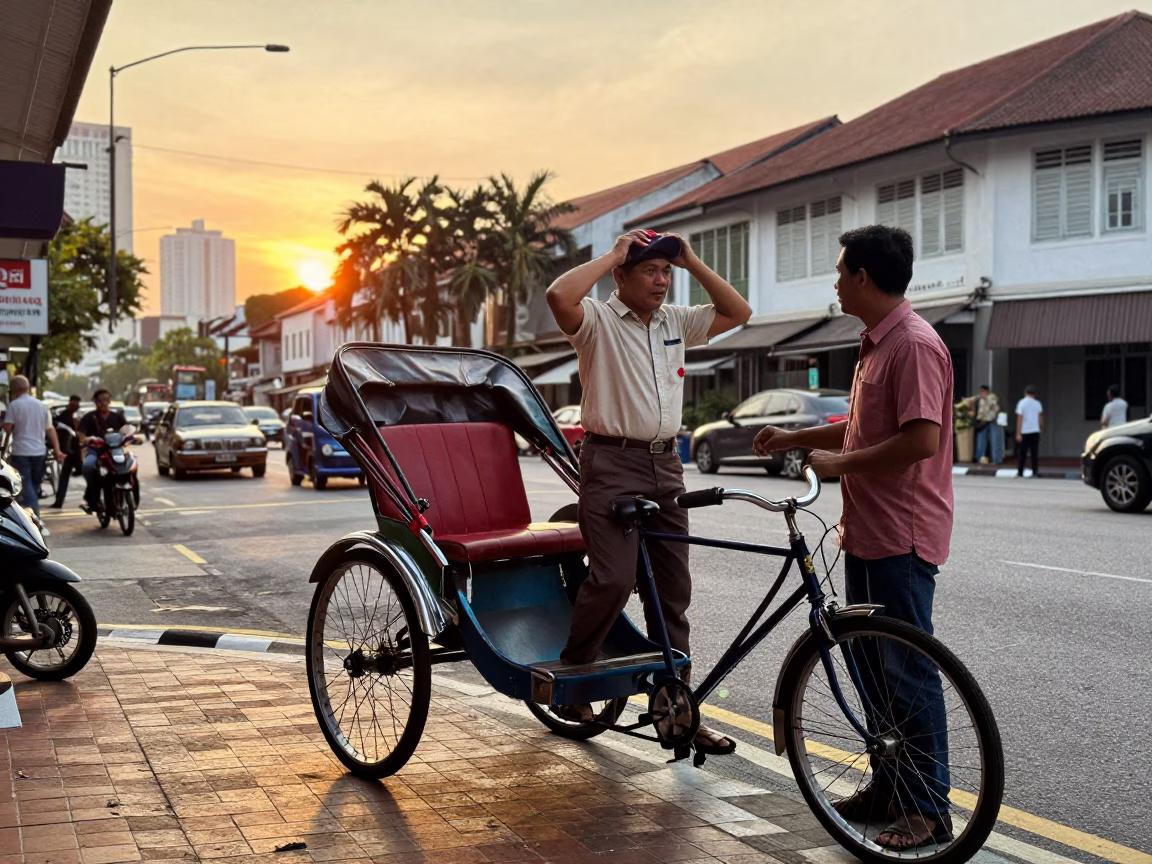 Vintage 1960s Kuala Lumpur Street Scene at Sunset with Rickshaw and Local Market Activity in in Kuala Lumpur, Malaysia
