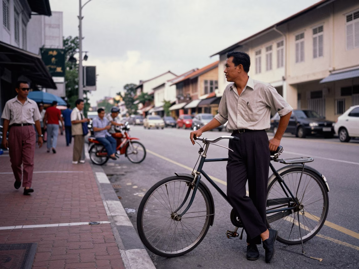 Vintage 1960s Kuala Lumpur Street Scene with Bicycle and Key Blank Detail in in Kuala Lumpur, Malaysia