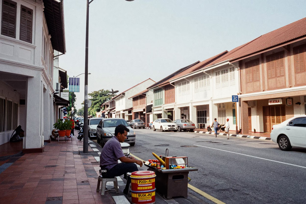 Vintage 1960s Kuala Lumpur Street Scene with Biscuit Tin and Bowl on Wooden Stool in in Kuala Lumpur, Malaysia