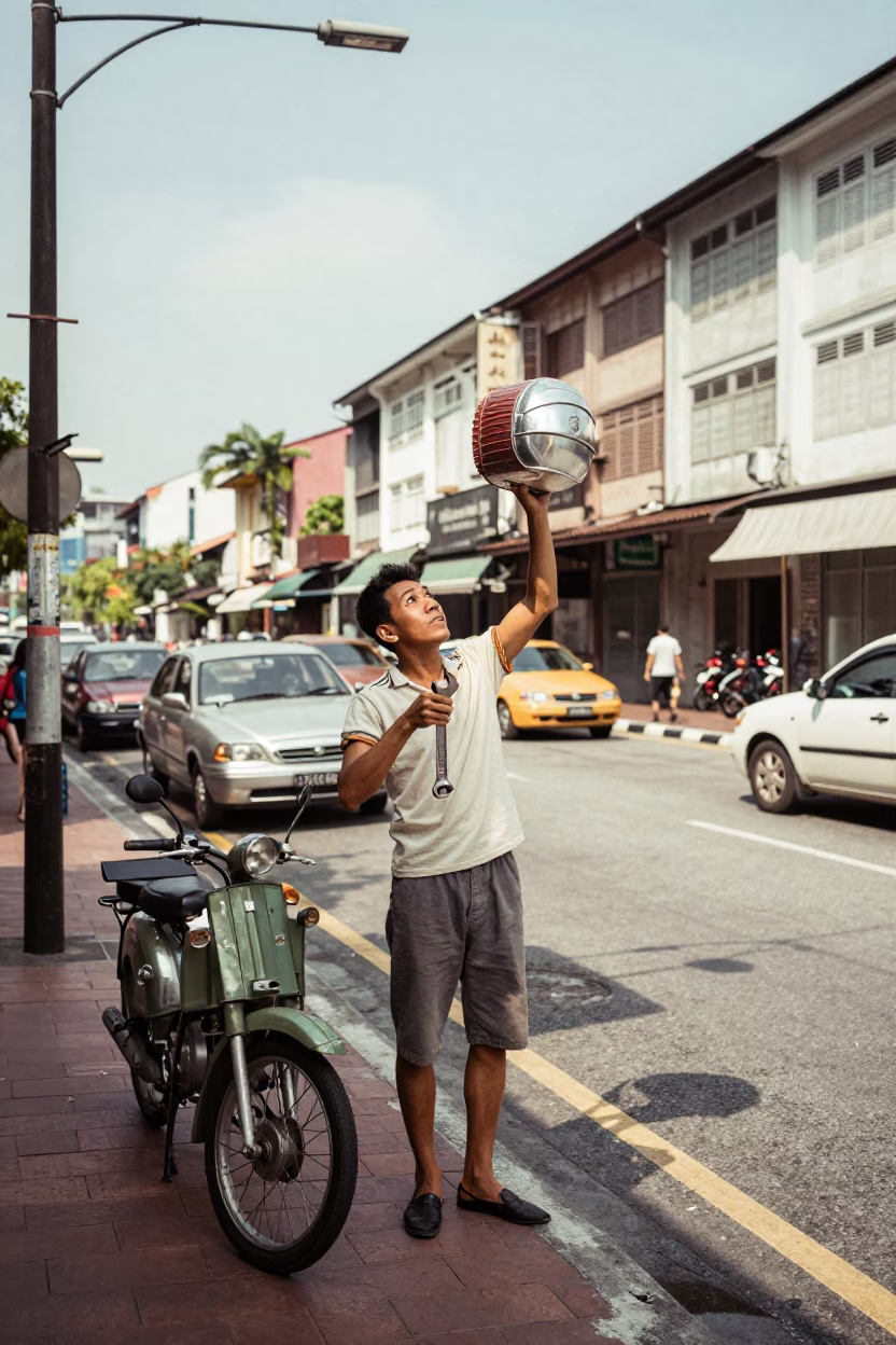 Vintage 1960s Kuala Lumpur Street Scene with Pin Tin and Adjustable Spanner in in Kuala Lumpur, Malaysia