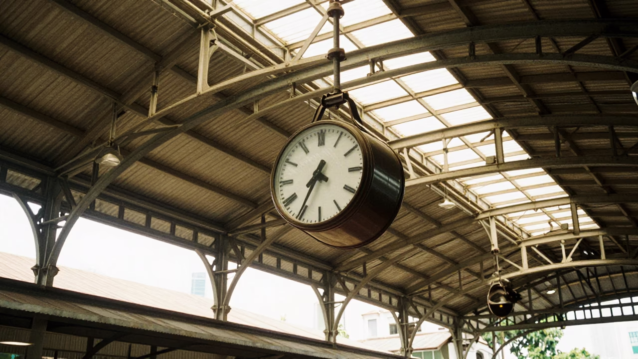 Vintage 1960s Kuala Lumpur Train Station Clock Under Iron Roof with Travelers in in Kuala Lumpur, Malaysia