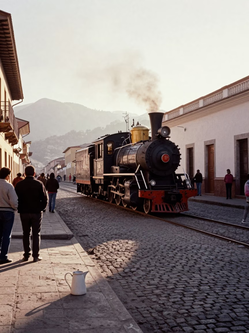 Vintage 1960s La Bolivia Street Scene with Steam Locomotive Crossing Bridge at Sunrise in in La Paz, Bolivia