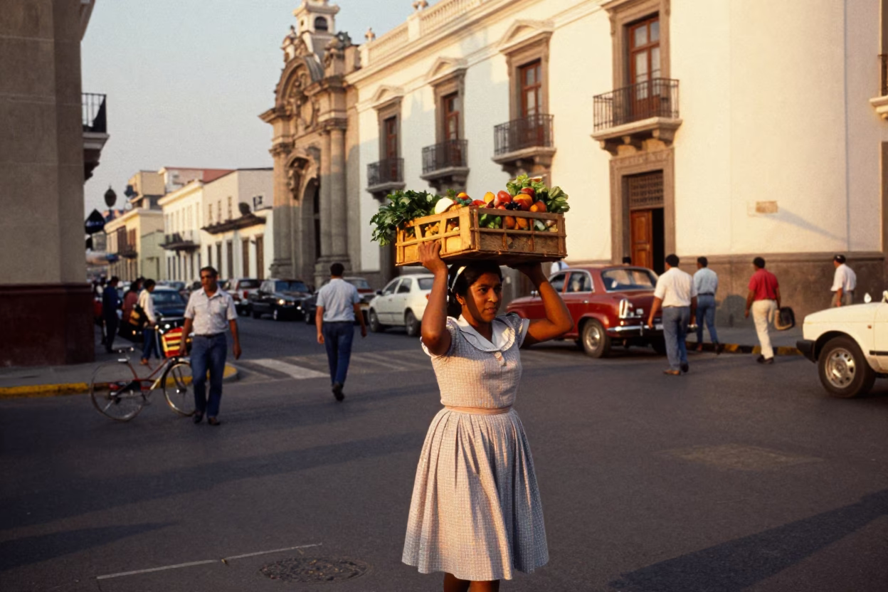Vintage 1960s Lima Peru Street Scene Honeyed Evening Light Busy Crowd in in Lima, Peru