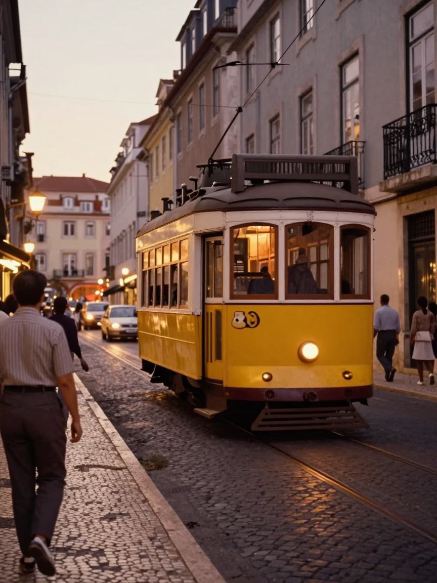 Vintage 1960s Lisbon Evening Street Scene with Trolley and Cobblestones in in Lisbon, Portugal