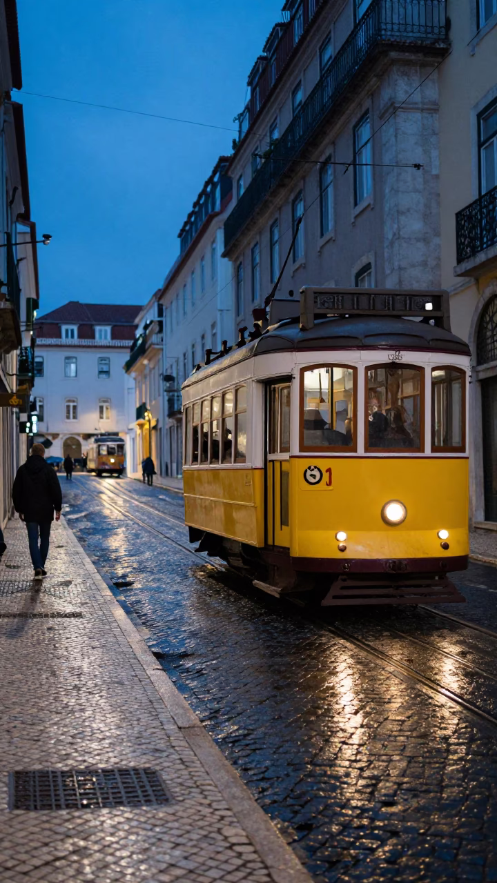 Vintage 1960s Lisbon Evening Tram on Cobblestone Street with Blue Hour Light in in Lisbon, Portugal