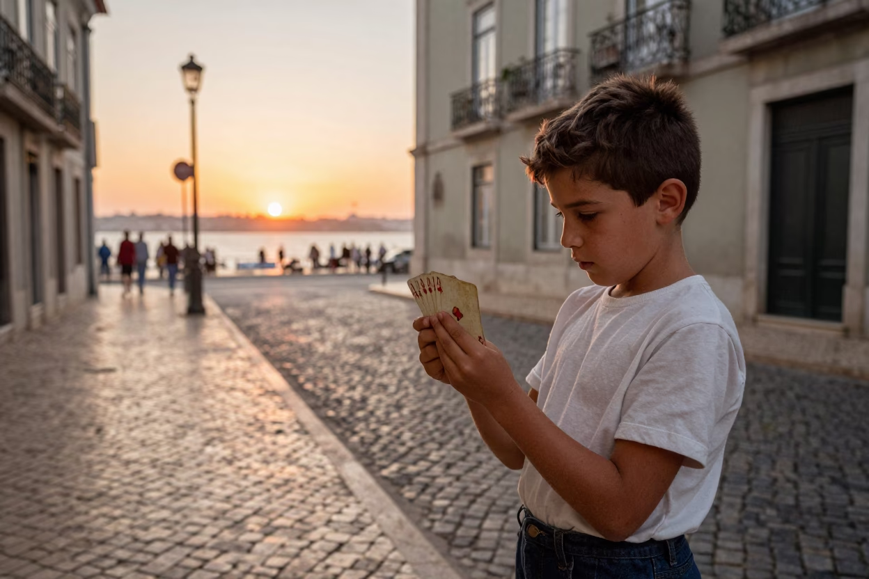 Vintage 1960s Lisbon Street Scene with Child Playing Cards Near Sunset in in Lisbon, Portugal