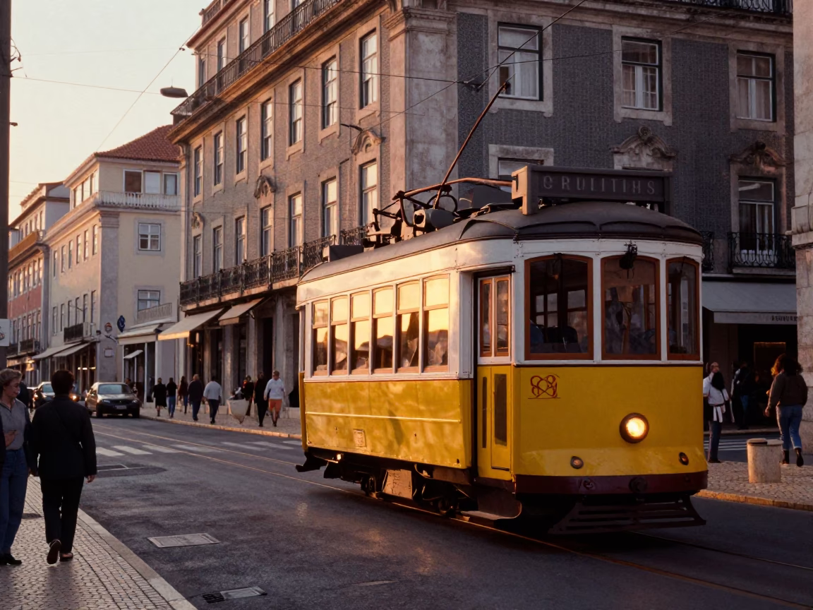 Vintage 1960s Lisbon Street Scene with Yellow Tram and Art Nouveau Facades at Sunrise in in Lisbon, Portugal
