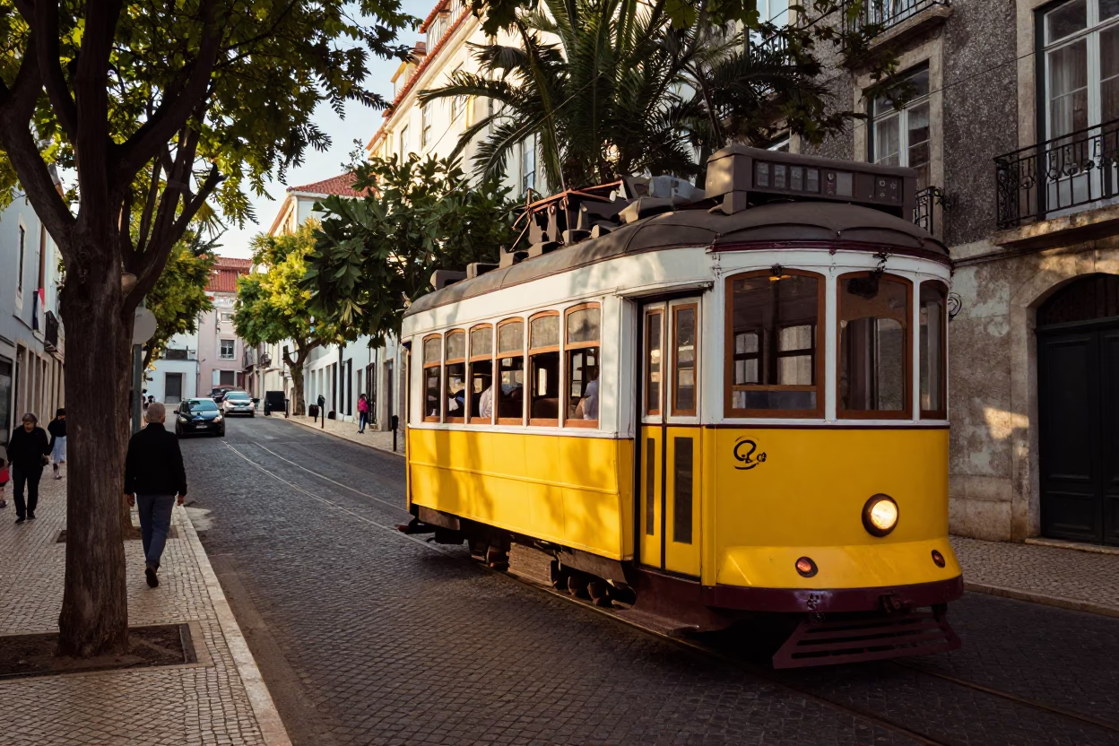 Vintage 1960s Lisbon Street Scene with Yellow Tram and Cobblestone Avenue in in Lisbon, Portugal