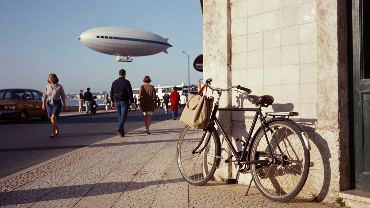 Vintage 1960s Lisbon Street Scene with Zeppelin Airship Overhead in in Lisbon, Portugal