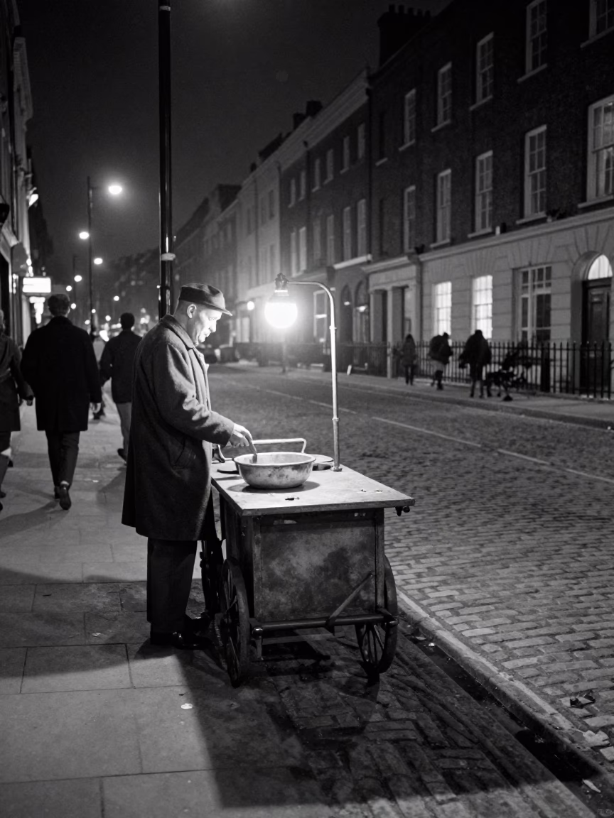 Vintage 1960s London Night Street Scene with Smudged Basin and Plate in in London, United Kingdom