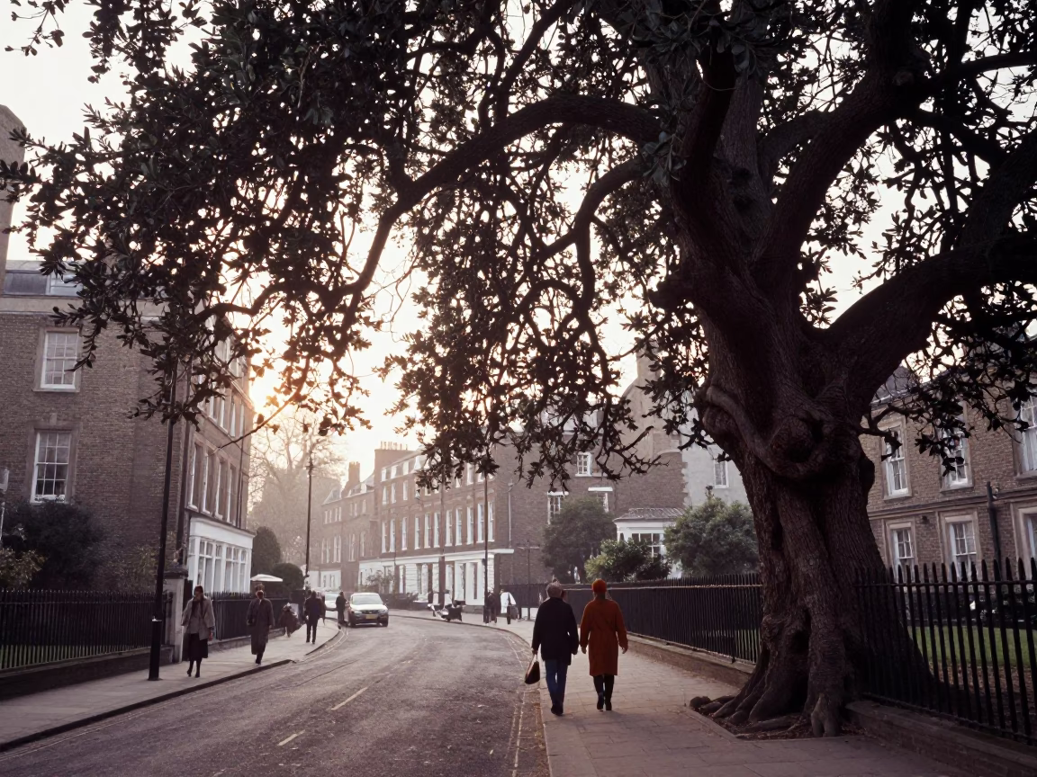Vintage 1960s London Street Scene with Ancient Yew Tree and Morning Commuters in in London, United Kingdom
