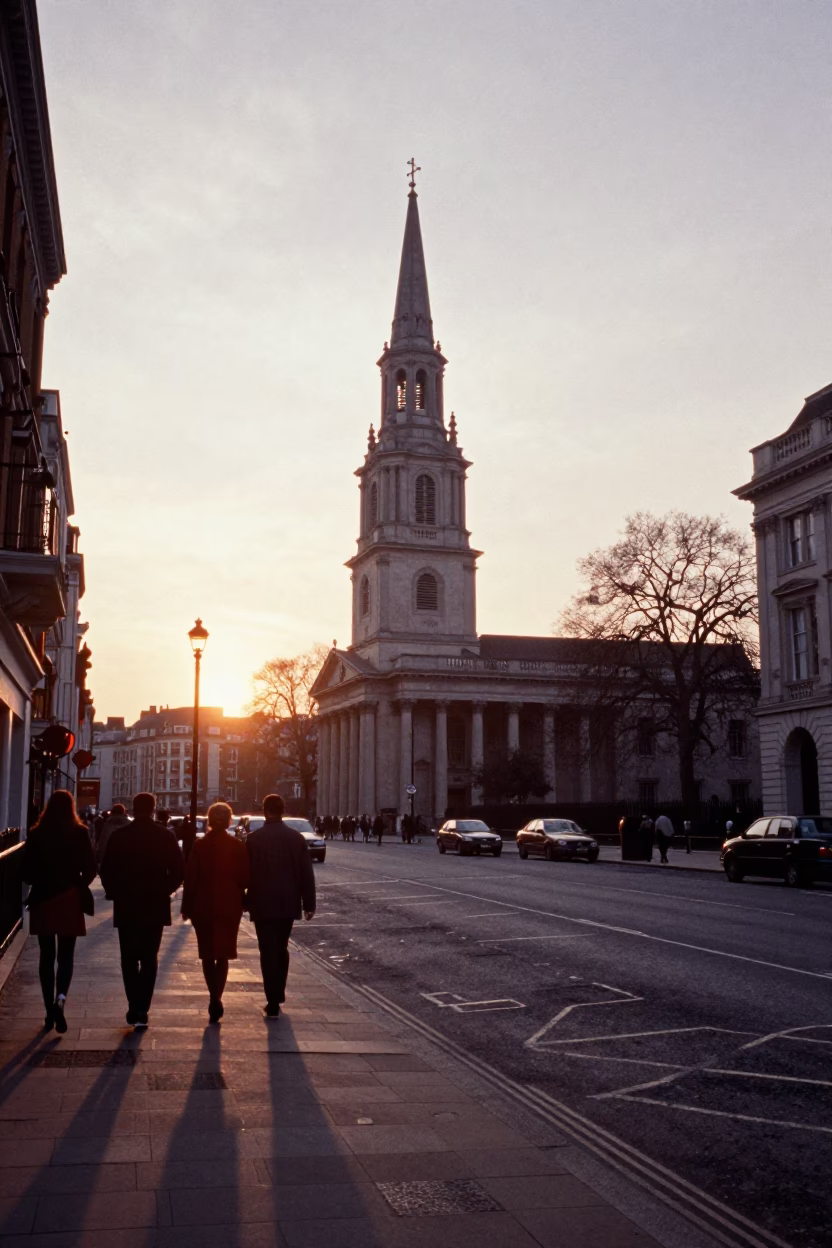 Vintage 1960s London Street Scene with Bell Tower and Sunset Light in in London, United Kingdom
