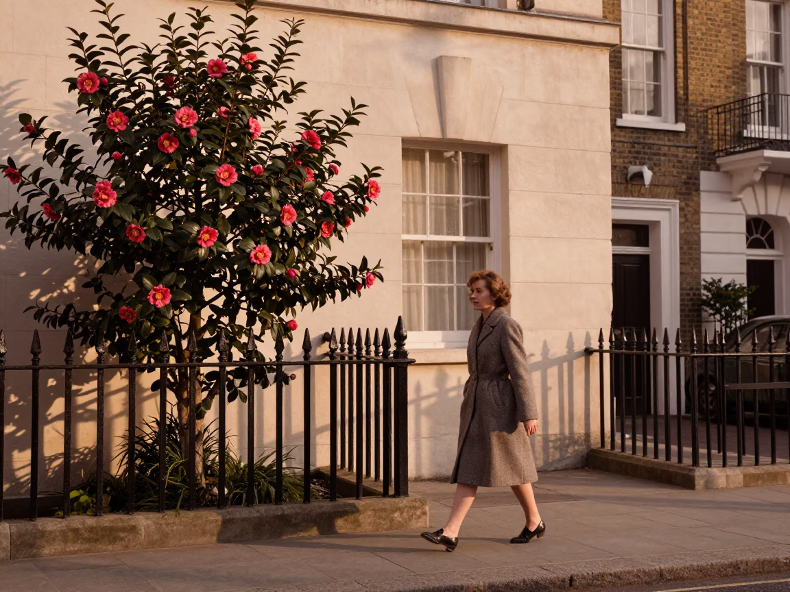Vintage 1960s London Street Scene with Camellia and Linen Fringe in Honeyed Evening Light in in London, United Kingdom