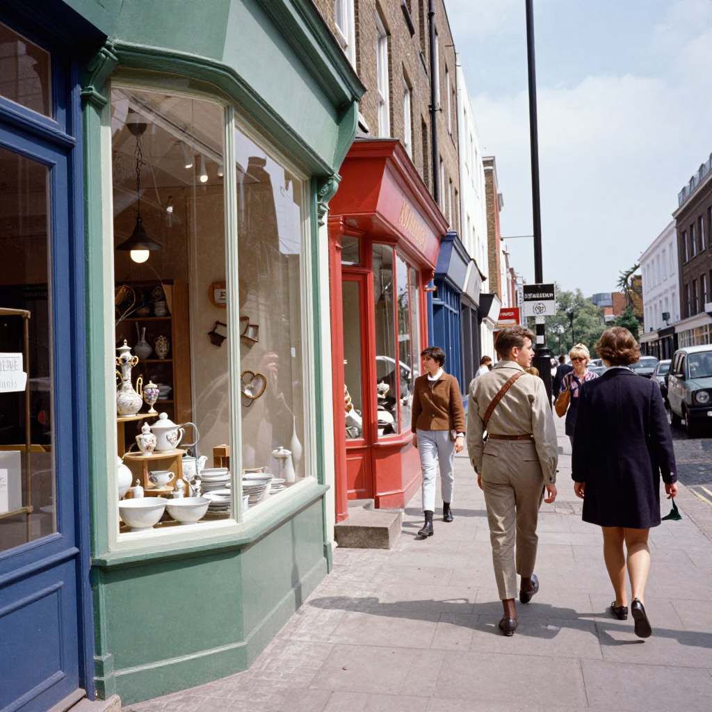 Vintage 1960s London street scene with colorful shop displays and pedestrians in in London, United Kingdom
