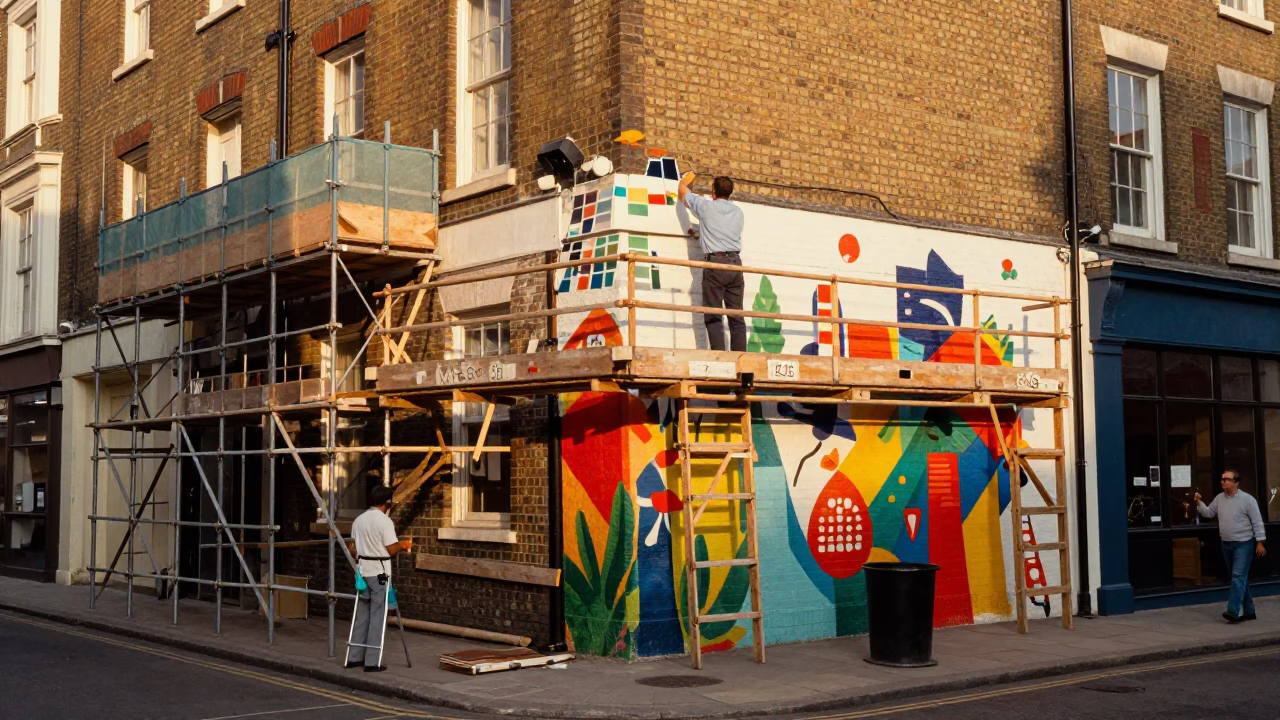 Vintage 1960s London Street Scene with Muralist and Scaffold in Honeyed Evening Light in in London, United Kingdom