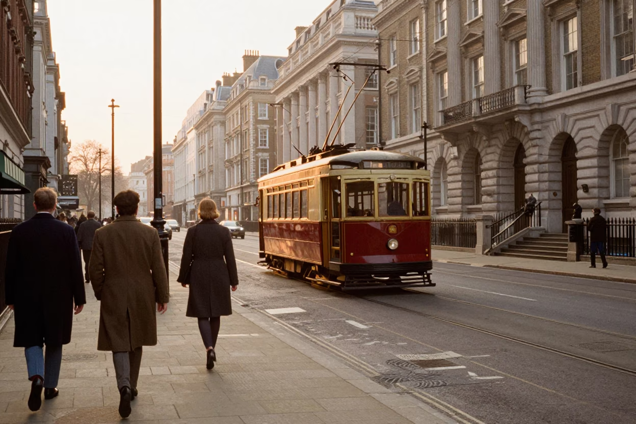 Vintage 1960s London Street Scene with Tramcar and Stair Rail at Sunrise in in London, United Kingdom