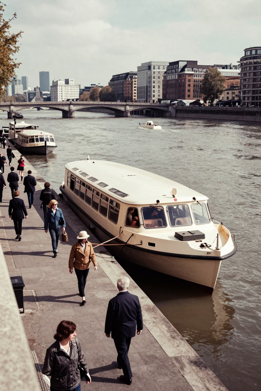 Vintage 1960s London Street Scene with Water Taxi Dock and Casual Afternoon Activity in in London, United Kingdom
