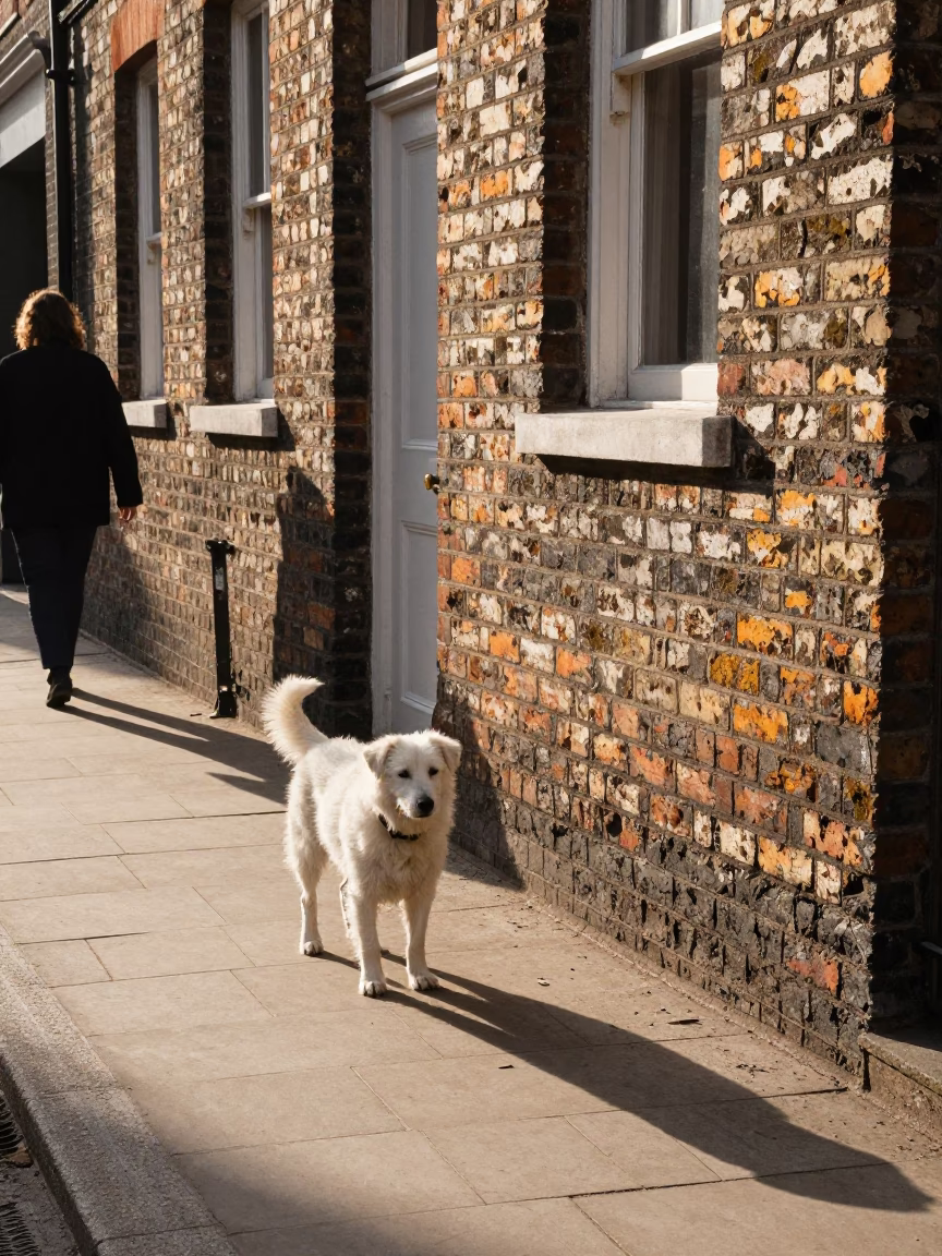 Vintage 1960s London Street Scene with White Dog and Ladder in in London, United Kingdom