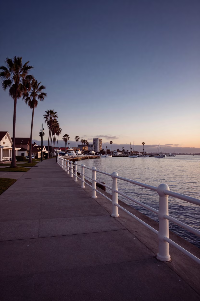 Vintage 1960s Los Angeles Harbor Promenade at Nautical Dawn with Parked Scooter in in Los Angeles, California, United States