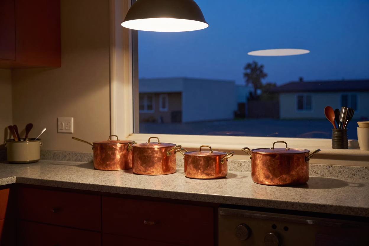 Vintage 1960s Los Angeles Kitchen Counter with Copper Pots and Onions at Blue Hour in in Los Angeles, California, United States