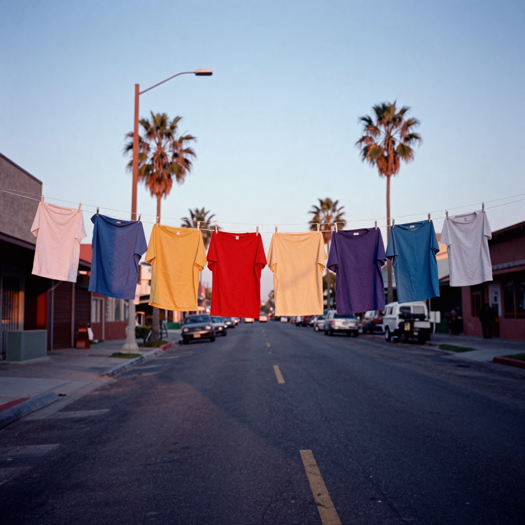 Vintage 1960s Los Angeles Street Scene Before Sunrise with Colorful Shirt Hangers in in Los Angeles, California, United States