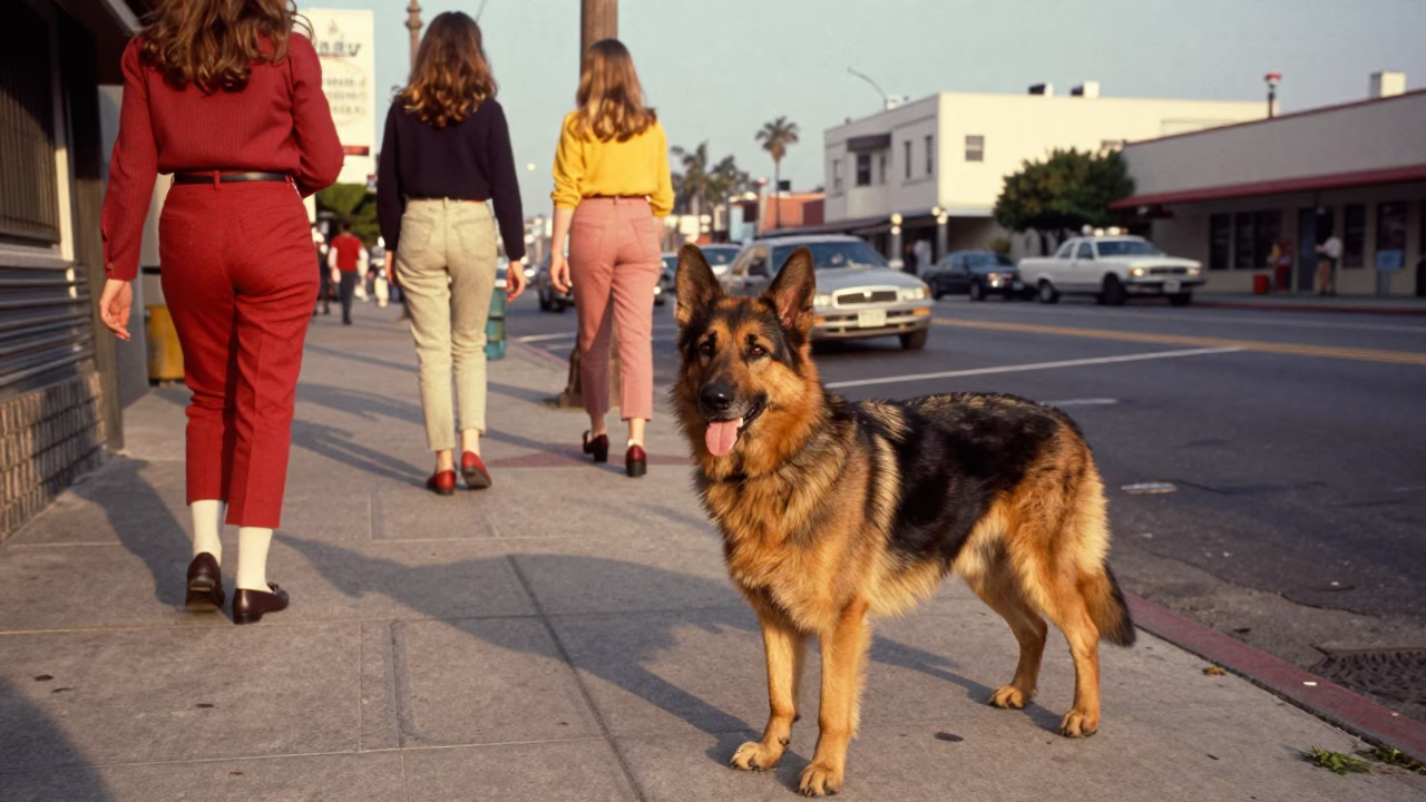 Vintage 1960s Los Angeles Street Scene with Bohemian Shepherd Dog Near Classic Car in in Los Angeles, California, United States
