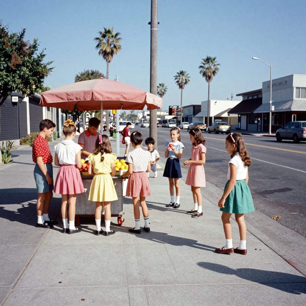 Vintage 1960s Los Angeles Street Scene with Children Playing Near Lemon Stands in in Los Angeles, California, United States
