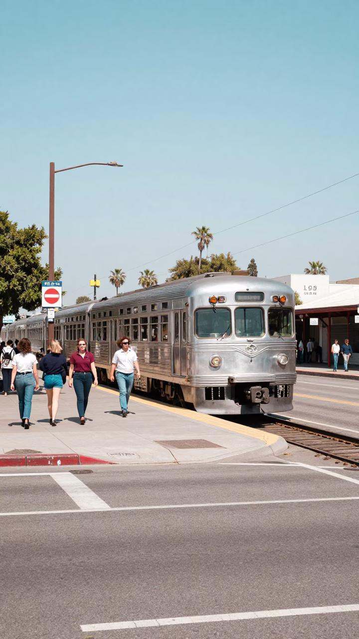 Vintage 1960s Los Angeles Street Scene with Commuter Train and Morning Activity in in Los Angeles, California, United States