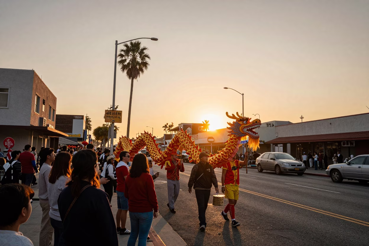 Vintage 1960s Los Angeles Sunset Street Scene with Chinese New Year Dragon Parade in in Los Angeles, California, United States