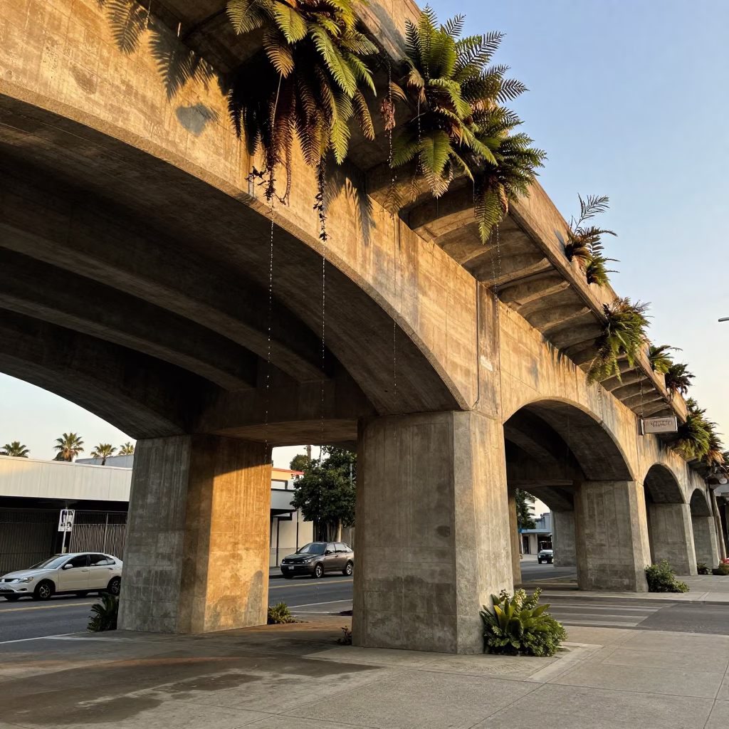 Vintage 1960s Los Angeles Sunset Viaduct Undercroft Scene with Dripping Stone Ferns in in Los Angeles, California, United States