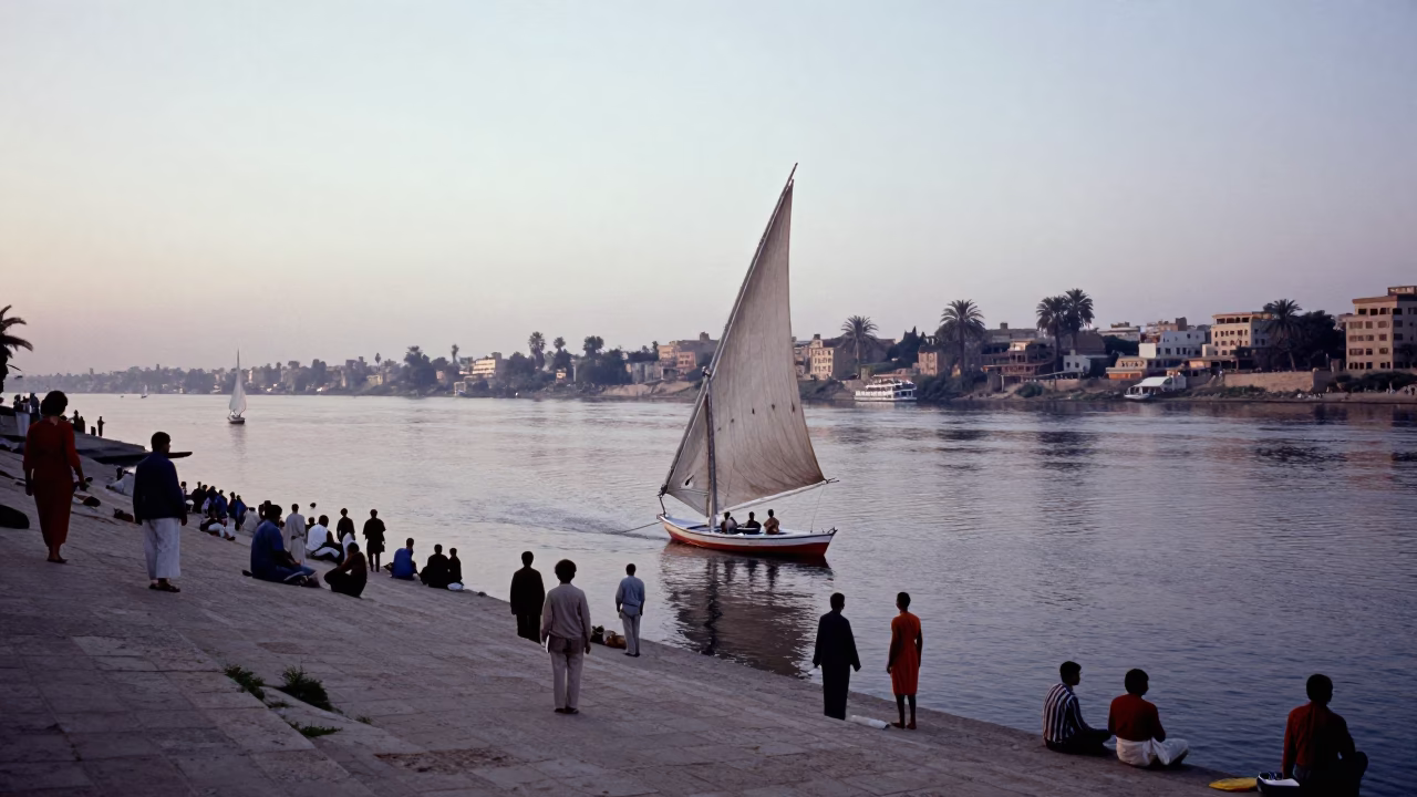 Vintage 1960s Luxor Egypt Street Scene with Felucca on Nile River Before Sunrise in in Luxor, Egypt