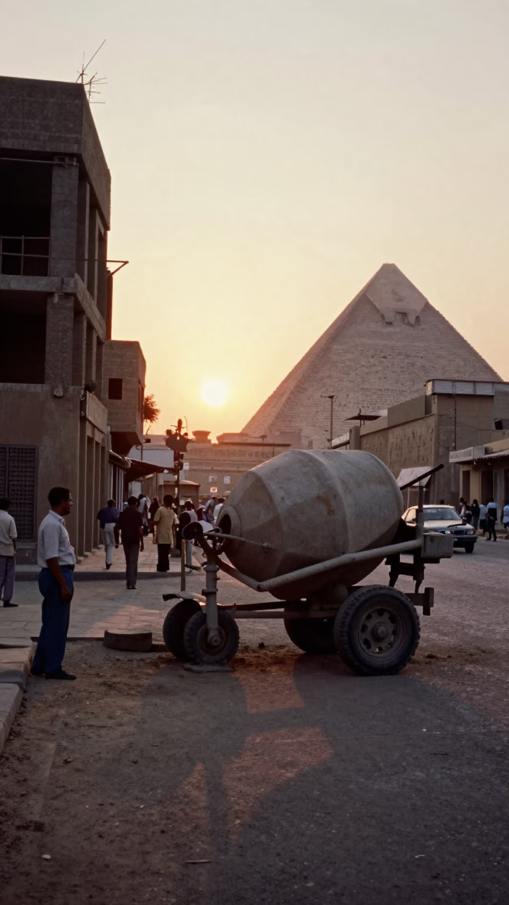 Vintage 1960s Luxor Street Scene with Cement Mixer and Local Interaction at Sunset in in Luxor, Egypt