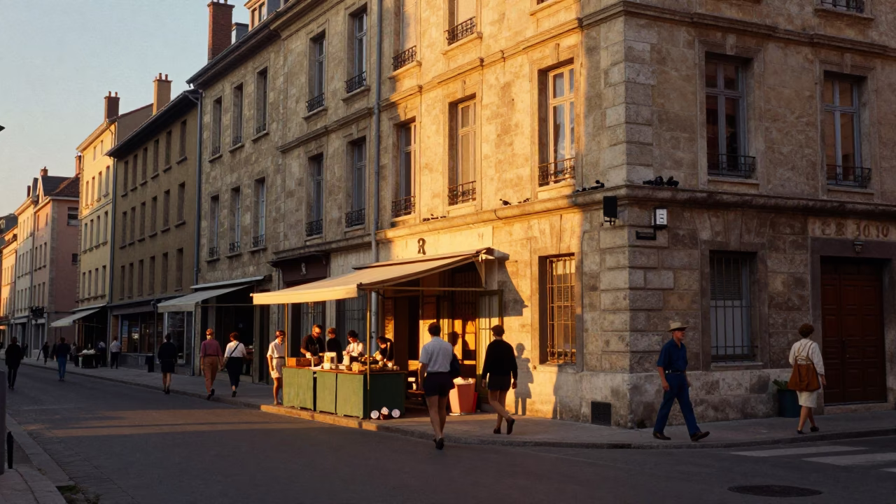 Vintage 1960s Lyon street scene at sunset with locals and traditional architecture in in Lyon, France