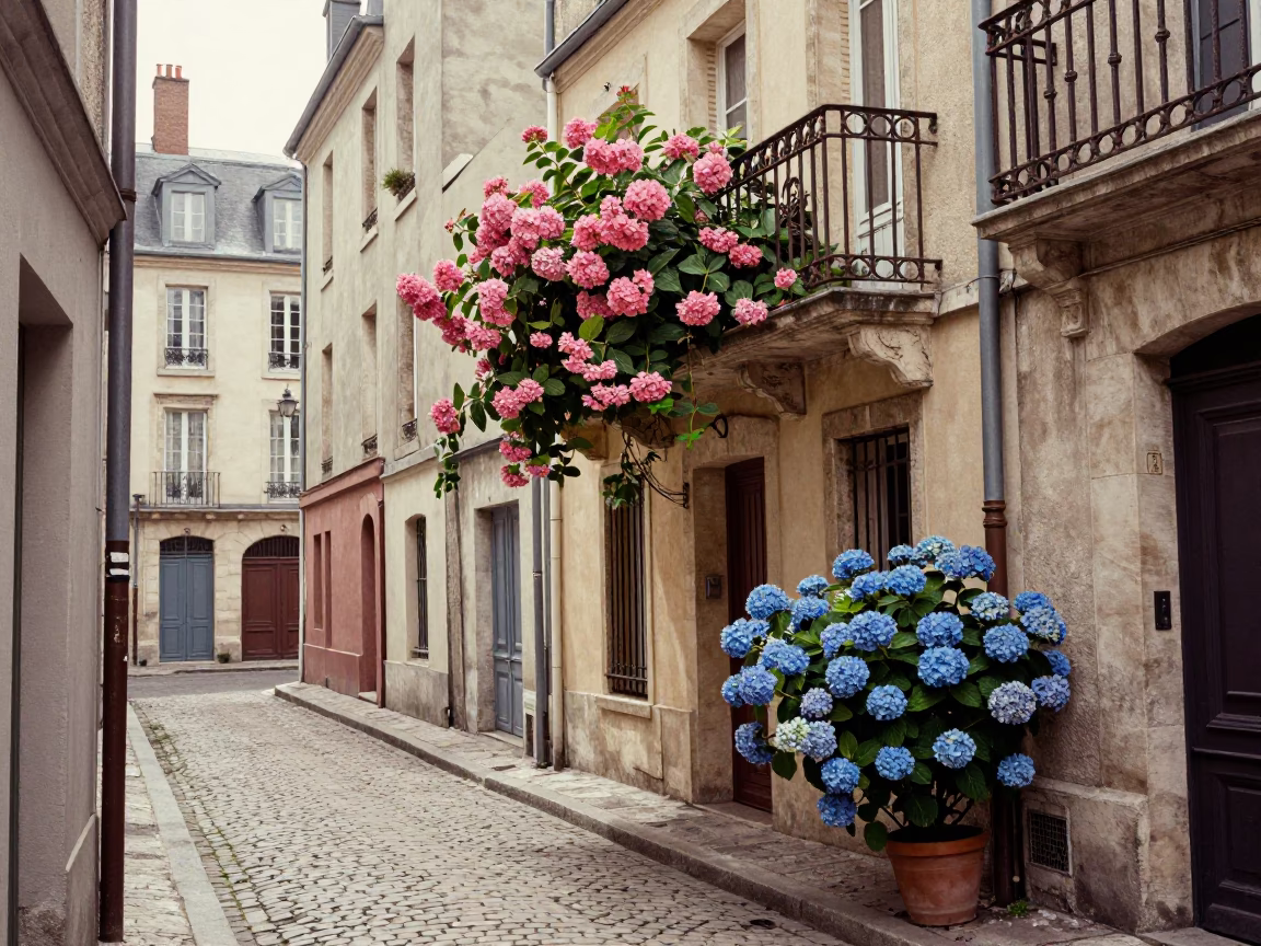 Vintage 1960s Lyon Street Scene with Blue Hydrangeas and Ceramic Bowl on Balcony in in Lyon, France