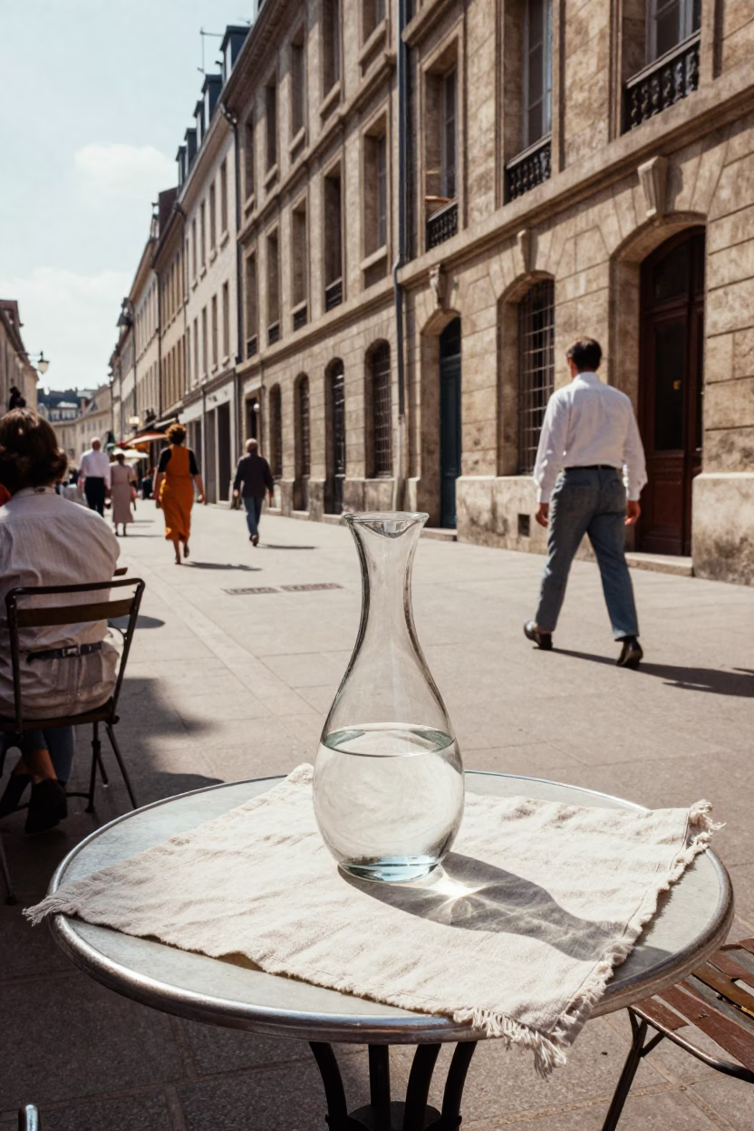 Vintage 1960s Lyon Street Scene with Decanter and Linen Napkin on Cafe Table in in Lyon, France